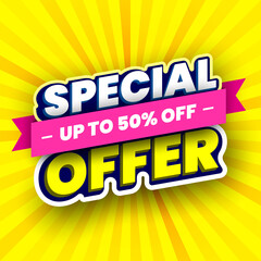 Special offer sale banner on yellow striped background. Vector illustration.