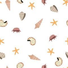 Seamless pattern with cartoon shells, decor elements. colorful vector. hand drawing, flat style. design for fabric, print, textile, wrapper