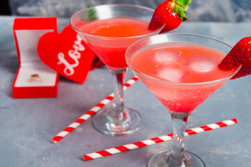Cockteil of strawberry for romantinc scene close up