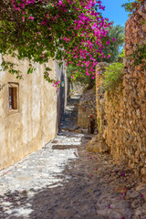 Traditional architecture with  narrow  stone street and a colorfull bougainvillea in  the medieval  castle of Monemvasia, Lakonia, Peloponnese, Greece.