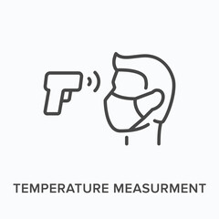 Temperature measurement flat line icon. Vector outline illustration of digital measurement. Black thin linear pictogram for medical equipment
