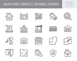 Real estate line icons. Vector illustration include icon - house, insurance, commercial, blueprint, townhouse, keys, shop outline pictogram for property agency 64x64 Pixel Perfect, Editable Stroke