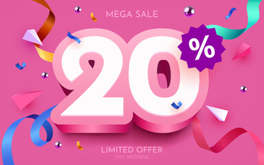 20 percent Off. Discount creative composition. 3d mega sale symbol with decorative objects. Sale banner and poster.