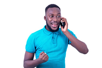 young happy man talking on cellphone.