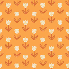 Doodle white tulip flowers shapes seamless pattern in hand drawn style. Orange bright background. Summer print.