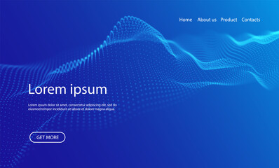 Abstract landing page background with blue particles. Flow wave with dot landscape. Digital data structure. Future mesh or sound grid. Pattern point visualization. Technology vector illustration.