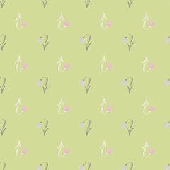 Wildflower seamless pattern with hand drawn bell flowers shapes. Light green background. Botanical ornament.