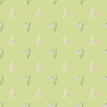 Wildflower seamless pattern with hand drawn bell flowers shapes. Light green background. Botanical ornament.