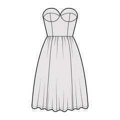 Flared dress technical fashion illustration with bustier, sleeveless, strapless, fitted body, knee length ruffle skirt. Flat apparel front, grey color style. Women, men unisex CAD mockup