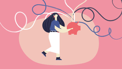 Modern girl with long hair holding a savings bank while smiling