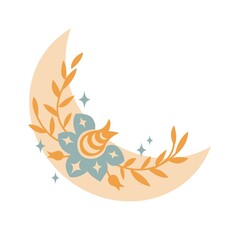 Magic boho crescent moon with leaves, stars, flower isolated on white background. Vector flat illustration. Decorative boho elements for tattoo, greeting cards, invitations, wedding