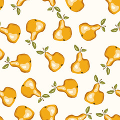 Seamless pattern with pear on white background. Natural delicious fresh ripe tasty fruit. Vector illustration for print, fabric, textile, banner, other design. Stylized pears with leaves. Food concept