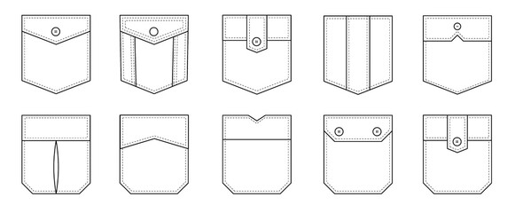 Patch pocket. Set of uniform patch pockets shapes for clothes, dress, shirt, casual denim style. Isolated icons.
