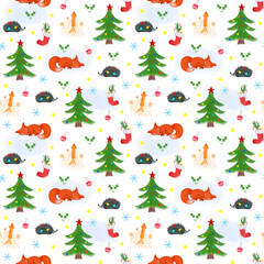 Winter Forest pattern with foxes and hedgehogs. Illustration for printing, backgrounds, wallpapers, covers, packaging, greeting cards, posters, stickers, textile, seasonal design.