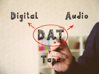 Conceptual photo about DAT Digital Audio Tape . Hand holding marker for writing isolated on...