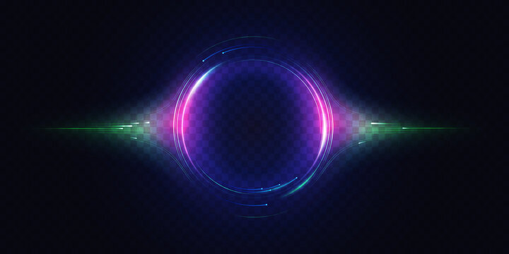 Neon luminous circle, light effect vector illustration. Glow of circular round element, abstract radial motion lines, swirl flare, particles and bright energy rays on dark transparent background