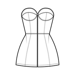 Zip-up tube dress technical fashion illustration with bustier, strapless, fitted body, mini length skirt. Flat garment apparel front, white color style. Women, men unisex CAD mockup