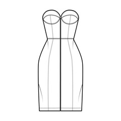 Zip-up tube dress technical fashion illustration with bustier, sleeveless, strapless, fitted body, knee length skirt. Flat garment apparel front, white color style. Women, men unisex CAD mockup