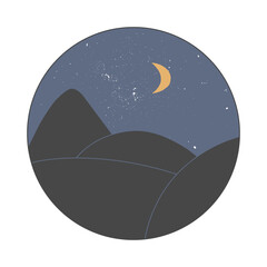 Trendy abstract contemporary collage. Vector landscape with mountains and moon in circle frame. 