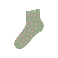Vector green sock with triangles isolated on white. Cute cartoon illustration. 