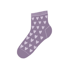 Vector purple sock with hearts ornament isolated on white. Cute cartoon illustration