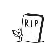 Vector cartoon Halloween illustration of a gravestone and flower. Funny doodle illustration for design. Hand drawn sketch.