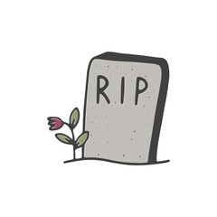 Vector cartoon Halloween illustration of a gravestone and flower. Funny doodle illustration for design. Hand drawn sketch.