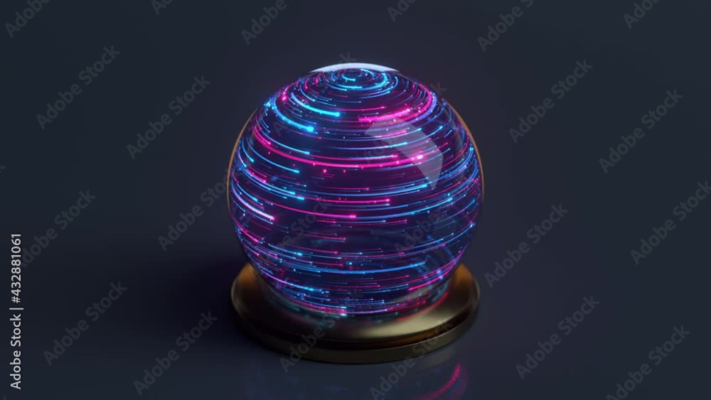 Poster crystal magic ball with neon light trails. seamless loop 3d render animation