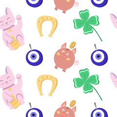 Good luck symbols, horseshoe, piggy bank, clover, cat, eye amulet. Seamless pattern, vector