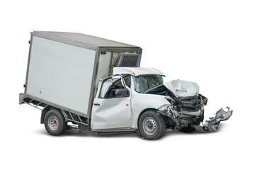 An accident with a white truck car isolated on white, Black limousine was hit and dented the door damaged.  - obrazy, fototapety, plakaty