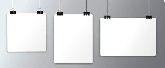 White sheets of A4 paper, fastened with a clip, are hung on a rope. Simple, isolated, blank, white page layout. Vector illustration on a transparent background.	