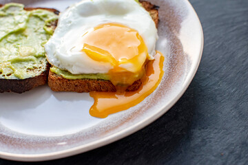 Sandwiches with scrambled eggs and guacamole. Gastronomic concept.