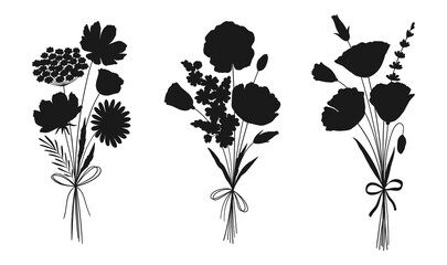 Wildflower bouquets set, floral silhouettes. Hand drawn chamomile, cosmea, poppy, lavender, and other botanical herbs and flowers for design projects. Vector illustration.