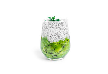Chia pudding with kiwi isolated on a white background. Multilayer healthy dessert. Chia mousse.