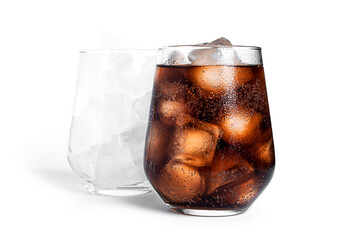 Soda with ice in a transparent glass isolated on a white background. Glass with ice and glass with soda.