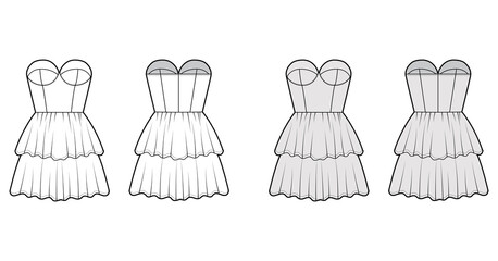 Strapless dress bustier technical fashion illustration with sleeveless, fitted body, 2 row mini length ruffle tiered skirt. Flat apparel front, back, white grey color style. Women, unisex CAD mockup