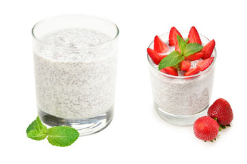 Chia pudding with strawberry and mint on a white background. Space for text or design.