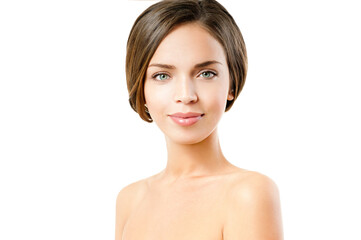 Beautiful face of young adult woman with clean fresh skin. Fashion Model Girl Face. Perfect Skin. Professional Makeup.