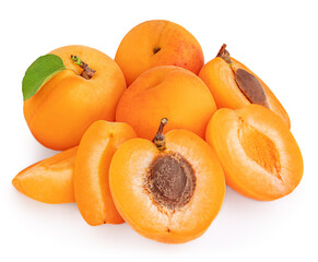 Isolated Apricots. Fresh Apricot  fruits with a green leaves  isolated on white background, sliced and whole, closeup.