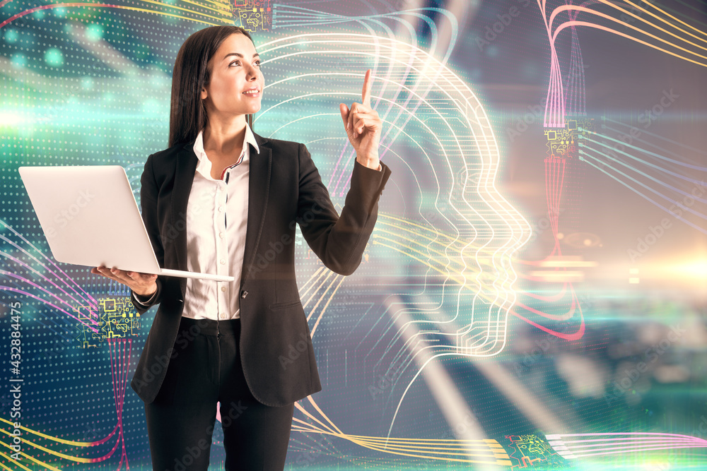 Poster artificial intelligence and machine learning concept with businesswoman with laptop on virtual wall 