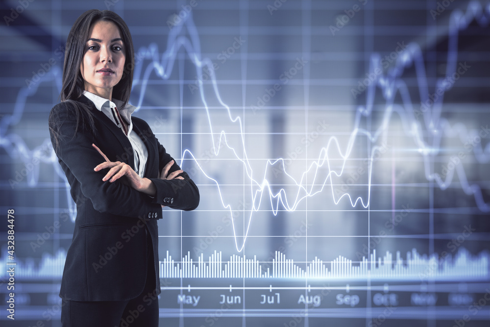 Poster Stock market concept with trader woman on digital wall background with financial chart graphs.