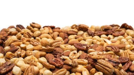 Mix of nuts isolated on white background. Top view.