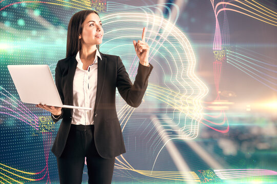 Artificial intelligence and machine learning concept with businesswoman with laptop on virtual wall background with digital glowing silhouette of human head.
