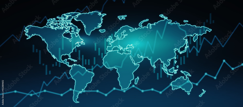 Poster Worldwide trading concept with digital financial chart graphs on green world map scheme background
