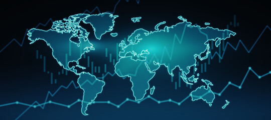 Worldwide trading concept with digital financial chart graphs on green world map scheme background