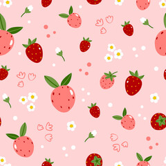 Summer seamless pattern with strawberries and flowers on pink background
