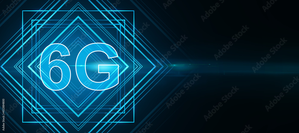 Poster new generation network concept with 6g in frame symbol on black wallpaper with copyspace. 3d renderi