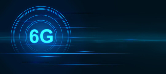 6G modern technology concept with dark blank backdrop and glowing digital 6G letters in circle. 3D rendering, mockup