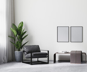 poster frames in modern room interior in gray tones, white empty wall mock up, 3d rendering