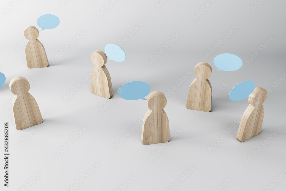 Poster wooden figures with speech clouds on a light background. social network and communication concept, 3